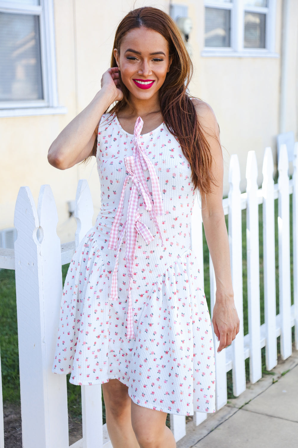 Beautiful You Ivory Checker & Floral Print Ribbon Tie Sleeveless Dress