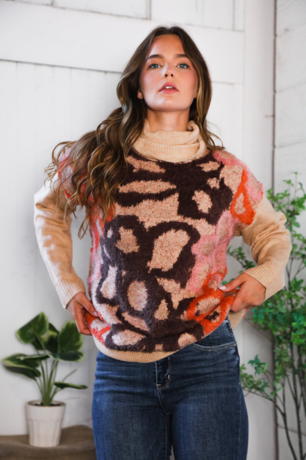Blooms in Autumn Turtleneck Cozy Sweater