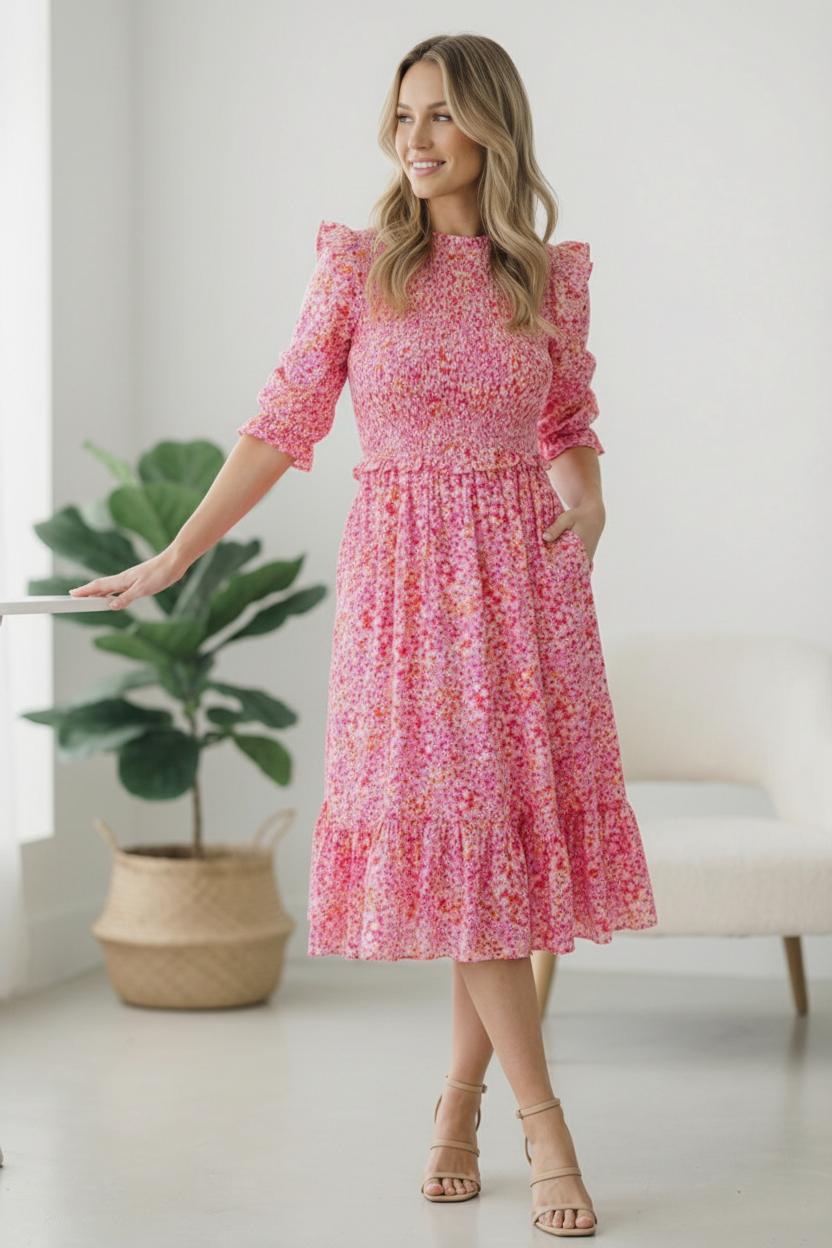 Be My Spring Sweetie Pink Floral Smocked Dress