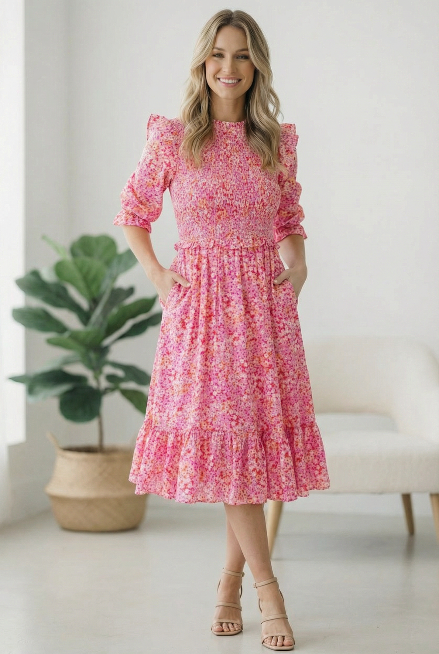 Be My Spring Sweetie Pink Floral Smocked Dress
